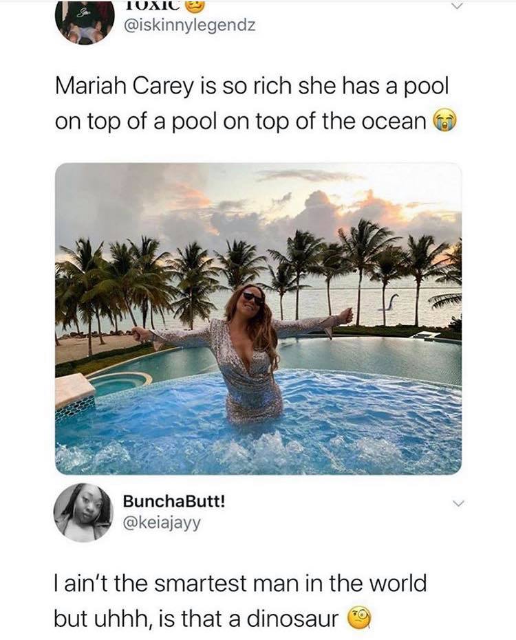 mariah carey pool - Toxic Mariah Carey is so rich she has a pool on top of a pool on top of the ocean BunchaButt! I ain't the smartest man in the world but uhhh, is that a dinosaur