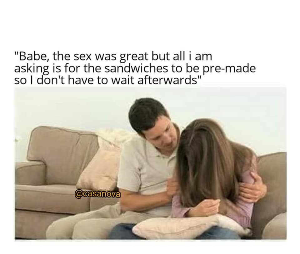 couch - "Babe, the sex was great but all i am asking is for the sandwiches to be premade so I don't have to wait afterwards"