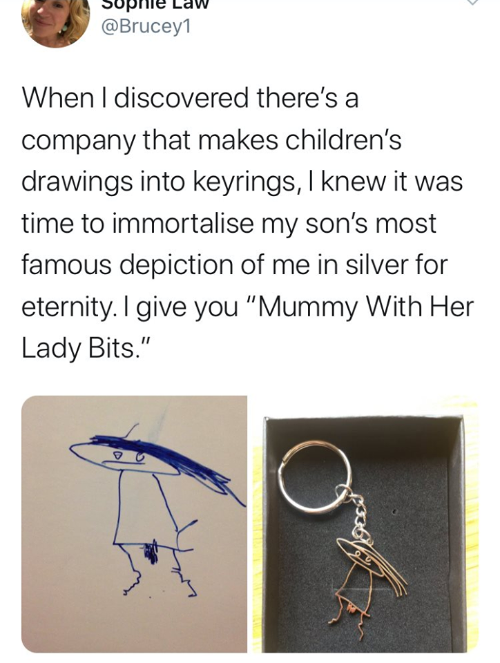 body jewelry - When I discovered there's a company that makes children's drawings into keyrings, I knew it was time to immortalise my son's most famous depiction of me in silver for eternity. I give you "Mummy With Her Lady Bits." poole