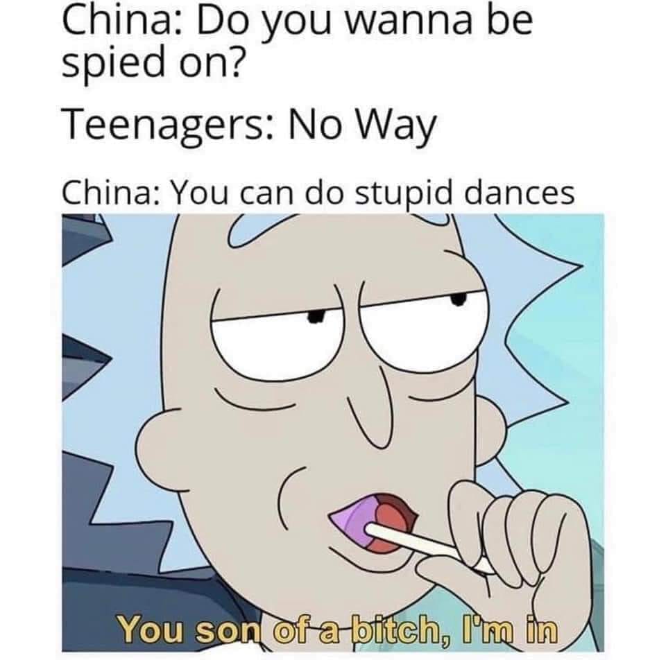 you son of a bitch im - China Do you wanna be spied on? Teenagers No Way China You can do stupid dances You son of a bitch, I'm in