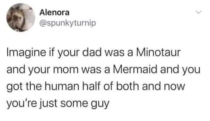 social justice warrior class meme - Alenora Imagine if your dad was a Minotaur and your mom was a Mermaid and you got the human half of both and now you're just some guy