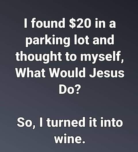 found $20 in the parking lot - I found $20 in a parking lot and thought to myself, What Would Jesus Do? So, I turned it into wine.