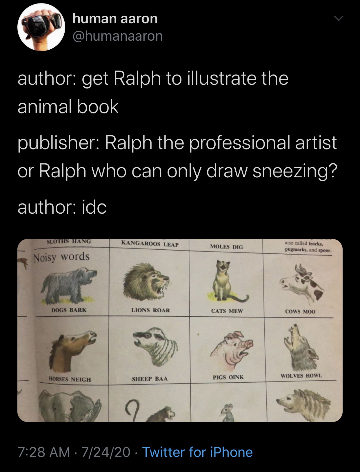 fauna - human aaron author get Ralph to illustrate the animal book publisher Ralph the professional artist or Ralph who can only draw sneezing? author idc Sloths Hang Kangaroos Leap Moles Dig also called tracks, pugmarks, and spoor, Noisy words Dogs Bark 