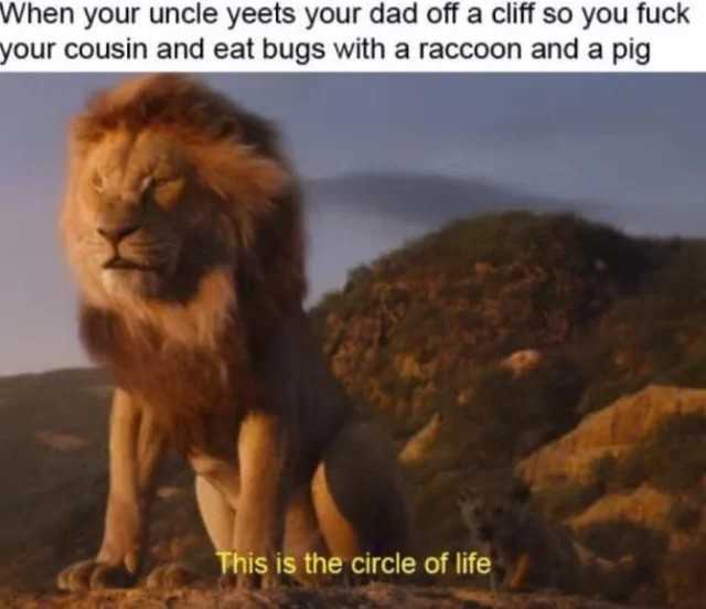 circle of life meme - When your uncle yeets your dad off a cliff so you fuck your cousin and eat bugs with a raccoon and a pig This is the circle of life