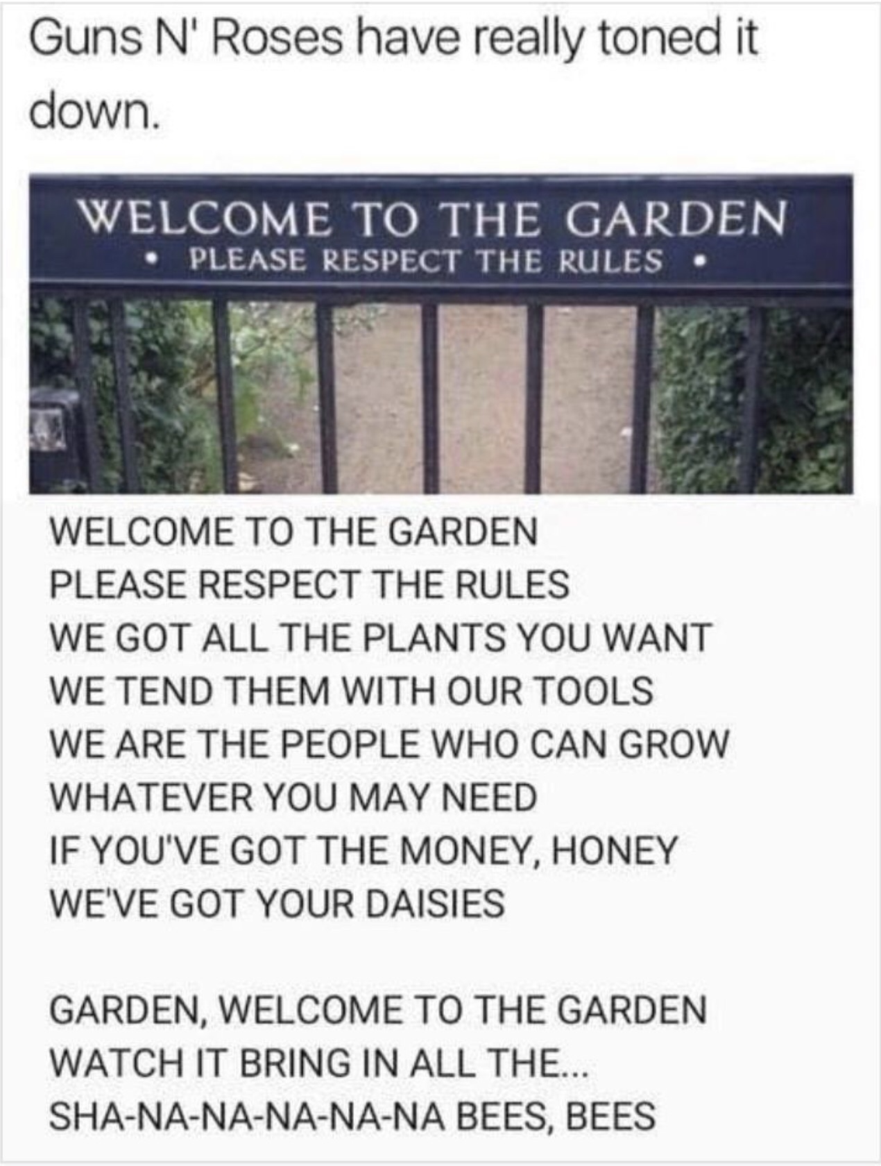 welcome to the garden guns and roses - Guns N' Roses have really toned it down. Welcome To The Garden Please Respect The Rules Welcome To The Garden Please Respect The Rules We Got All The Plants You Want We Tend Them With Our Tools We Are The People Who 
