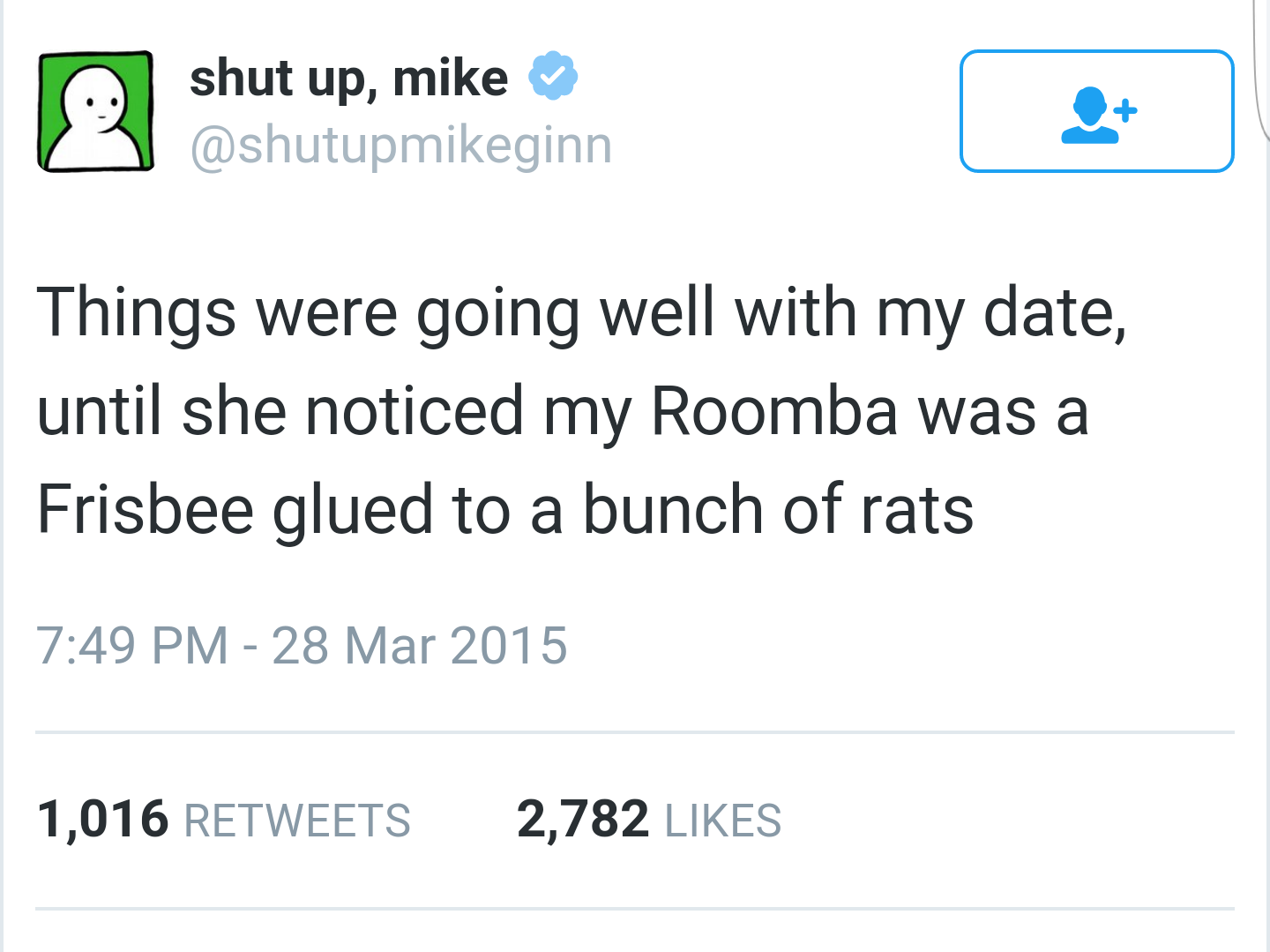 rat roomba - shut up, mike Things were going well with my date, until she noticed my Roomba was a Frisbee glued to a bunch of rats 1,016 2,782