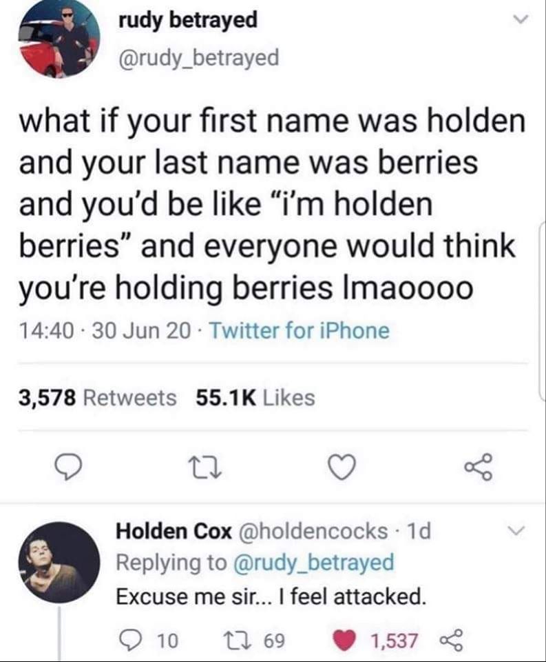 number - rudy betrayed what if your first name was holden and your last name was berries and you'd be "i'm holden berries" and everyone would think you're holding berries Imaoooo 30 Jun 20. Twitter for iPhone 3,578 27 Holden Cox . 1d Excuse me sir... I fe