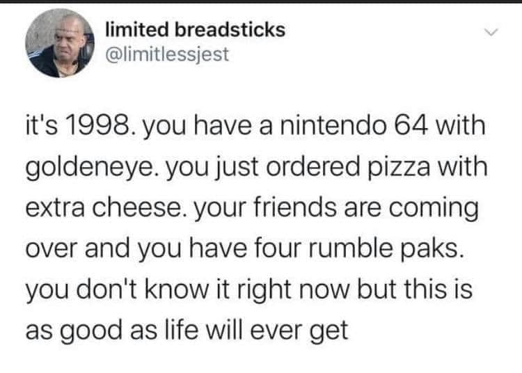 document - limited breadsticks it's 1998. you have a nintendo 64 with goldeneye. you just ordered pizza with extra cheese. your friends are coming over and you have four rumble paks. you don't know it right now but this is as good as life will ever get