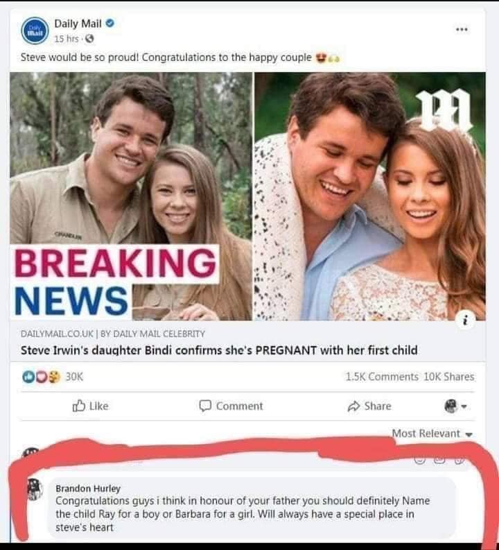 news - Ja Daily Mail 15 hrs 3 Steve would be so proudl Congratulations to the happy couple m Breaking News Dailymail.Co.Uk | By Daily Mail Celebrity Steve Irwin's daughter Bindi confirms she's Pregnant with her first child Do 30K 10K B Comment Most Releva
