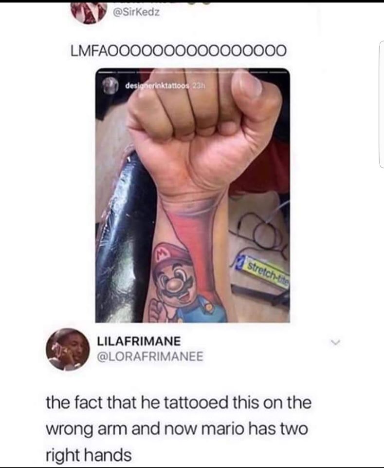 mario tattoo fist - LMFAO000000000000000 designerinktattoos 23h stretchtite Lilafrimane the fact that he tattooed this on the wrong arm and now mario has two right hands