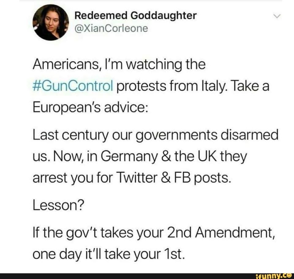 document - V Redeemed Goddaughter Americans, I'm watching the protests from Italy. Take a European's advice Last century our governments disarmed us. Now, in Germany & the Uk they arrest you for Twitter & Fb posts. Lesson? If the gov't takes your 2nd Amen