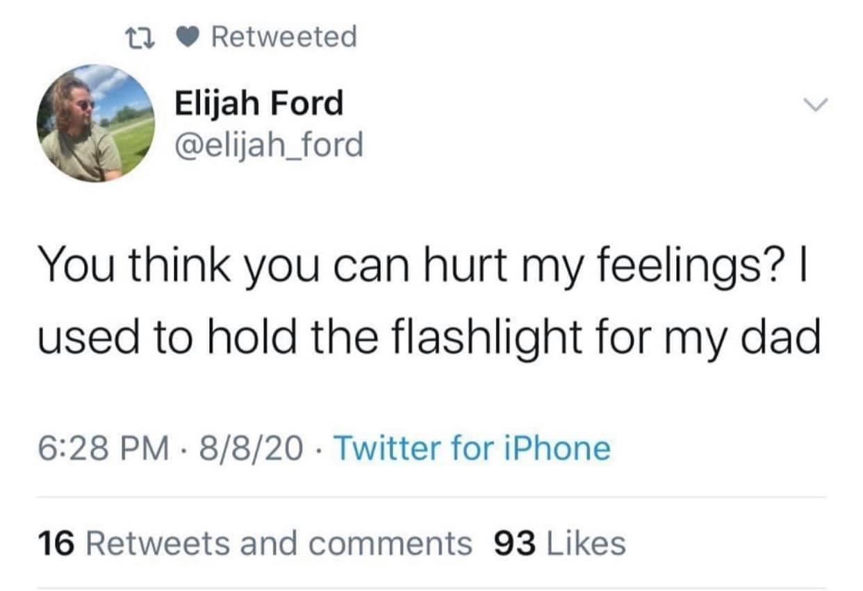 convert pdf meme - 22 Retweeted Elijah Ford You think you can hurt my feelings? | used to hold the flashlight for my dad 8820 Twitter for iPhone 16 and 93