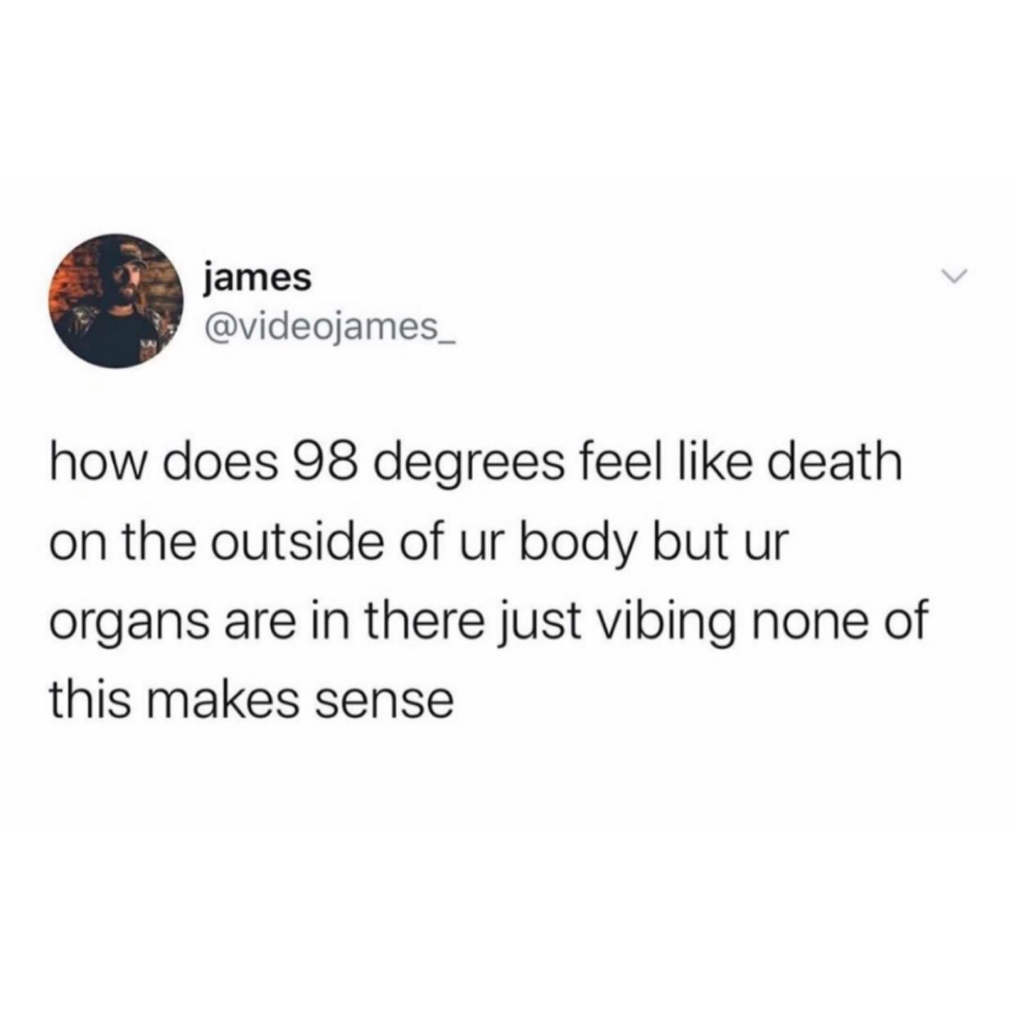 that's showbiz baby - james how does 98 degrees feel death on the outside of ur body but ur organs are in there just vibing none of this makes sense