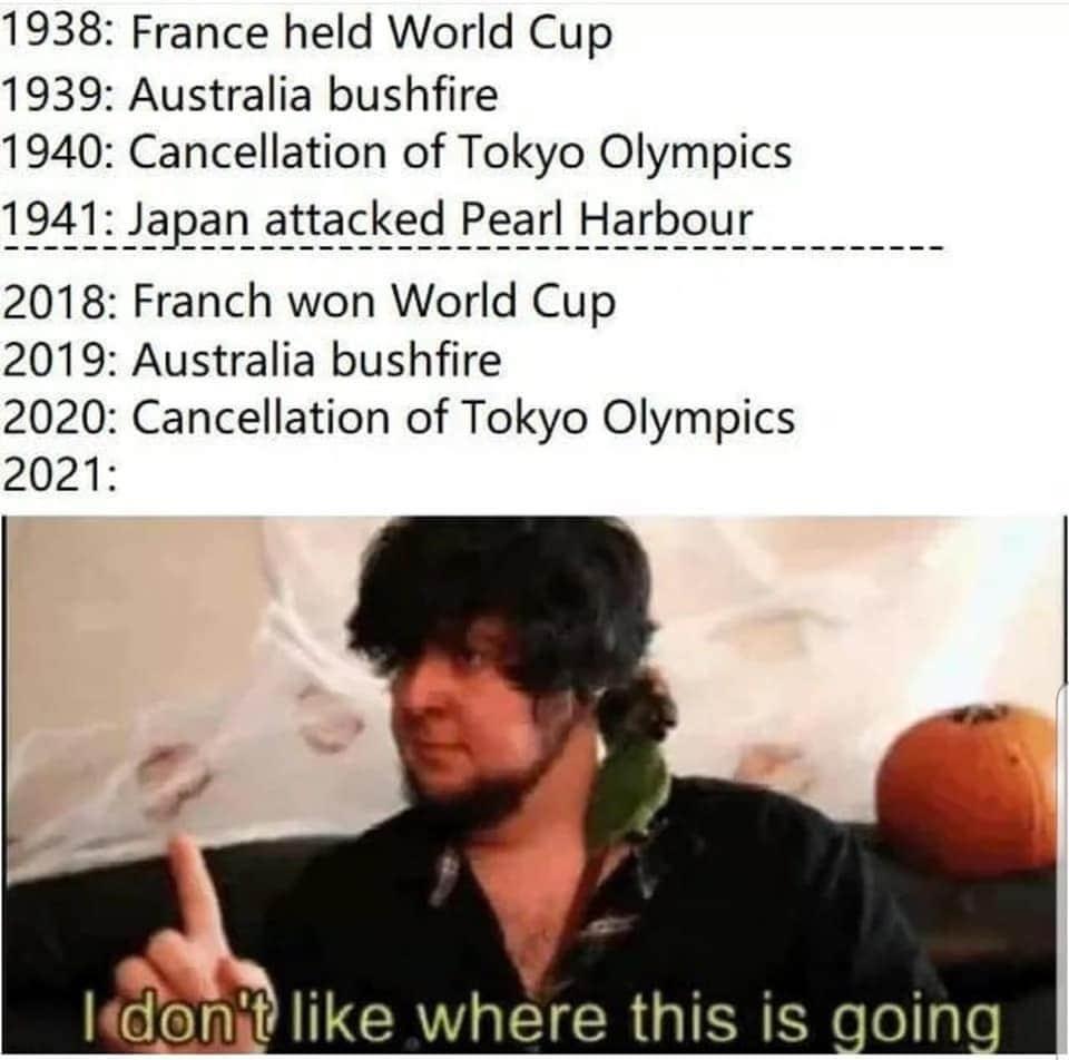 don t like where this is going meme 2020 - 1938 France held World Cup 1939 Australia bushfire 1940 Cancellation of Tokyo Olympics 1941 Japan attacked Pearl Harbour 2018 Franch won World Cup 2019 Australia bushfire 2020 Cancellation of Tokyo Olympics 2021 