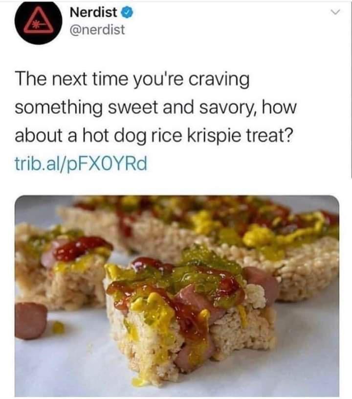 hot dog rice krispies - A Nerdist The next time you're craving something sweet and savory, how about a hot dog rice krispie treat? trib.alpFXOYRd