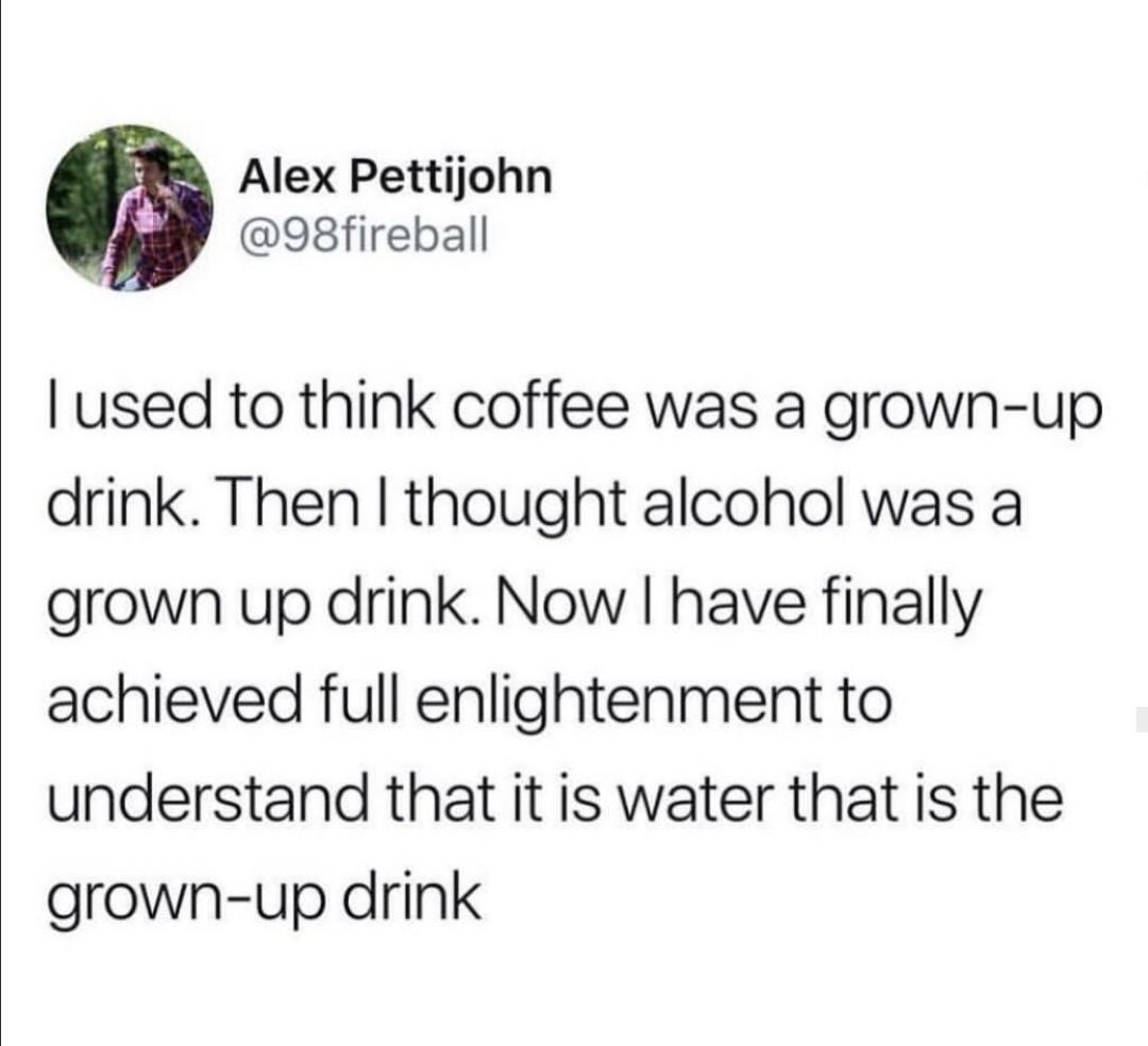 meme about asking for a favor - Alex Pettijohn fireball I used to think coffee was a grownup drink. Then I thought alcohol was a grown up drink. Now I have finally achieved full enlightenment to understand that it is water that is the grownup drink