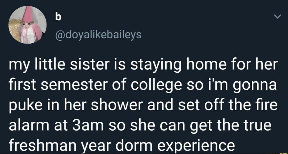 sky - b my little sister is staying home for her first semester of college so i'm gonna puke in her shower and set off the fire alarm at 3am so she can get the true freshman year dorm experience