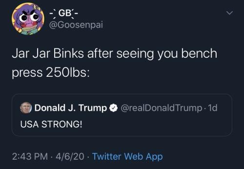 screenshot - Gb Jar Jar Binks after seeing you bench press 250lbs Donald J. Trump Trump. 1d Usa Strong! 4620 Twitter Web App