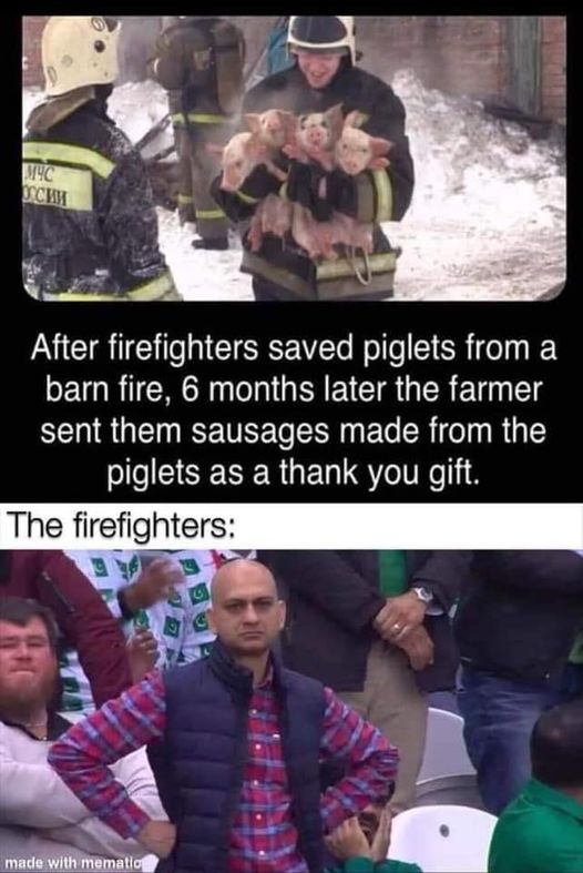 disappointed muhammad sarim akhtar - 14C After firefighters saved piglets from a barn fire, 6 months later the farmer sent them sausages made from the piglets as a thank you gift. The firefighters made with mematio
