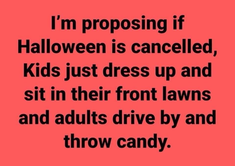 I'm proposing if Halloween is cancelled, Kids just dress up and sit in their front lawns and adults drive by and throw candy.