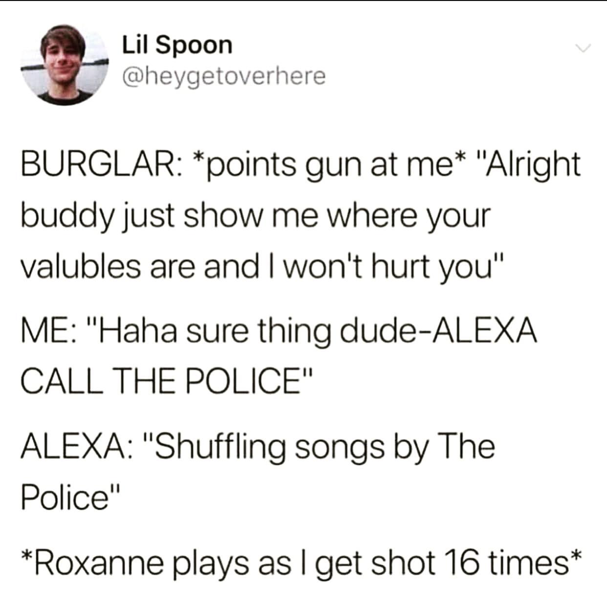 roxanne roxanne all she wanna do is party all night - Lil Spoon Burglar points gun at me "Alright buddy just show me where your valubles are and I won't hurt you" Me "Haha sure thing dudeAlexa Call The Police" Alexa "Shuffling songs by The Police" Roxanne