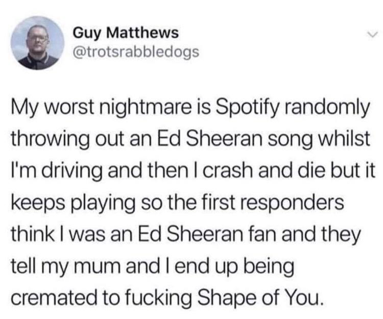 Shape of You - L Guy Matthews My worst nightmare is Spotify randomly throwing out an Ed Sheeran song whilst I'm driving and then I crash and die but it keeps playing so the first responders think I was an Ed Sheeran fan and they tell my mum and I end up b
