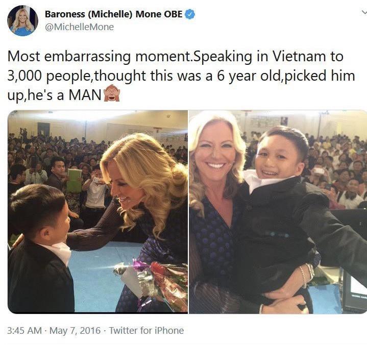 Most embarrassing moment. Speaking in Vietnam to 3,000 people, thought this was a 6 year old, picked him up, he's a Man .