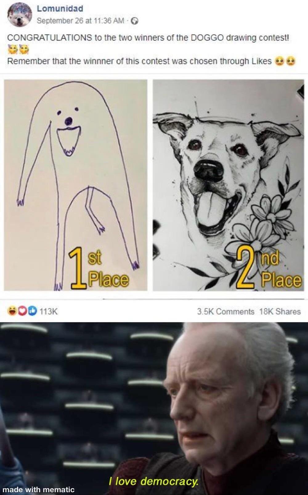 Congratulations to the two winners of the Doggo drawing contest! Remember that the winner of this contest was chosen through likes - I love democracy.
