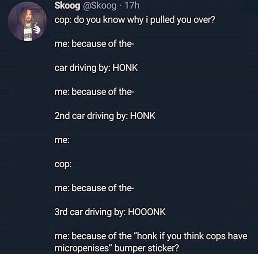 atmosphere - Skoog 17h cop do you know why i pulled you over? me because of the car driving by Honk me because of the 2nd car driving by Honk me cop me because of the 3rd car driving by Hooonk me because of the "honk if you think cops have micropenises" b