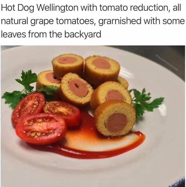 hot dog wellington - Hot Dog Wellington with tomato reduction, all natural grape tomatoes, grarnished with some leaves from the backyard Sboyswtrocancock