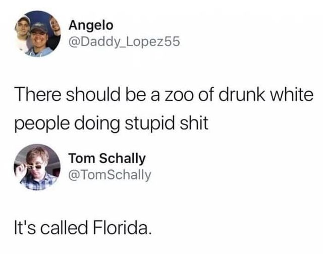 White people - Angelo There should be a zoo of drunk white people doing stupid shit Tom Schally Schally It's called Florida.