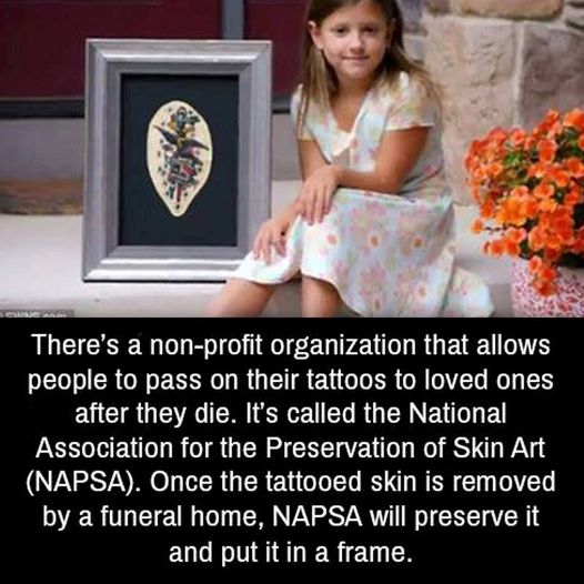 saving tattoos after death - 0 There's a nonprofit organization that allows people to pass on their tattoos to loved ones after they die. It's called the National Association for the Preservation of Skin Art Napsa. Once the tattooed skin is removed by a f