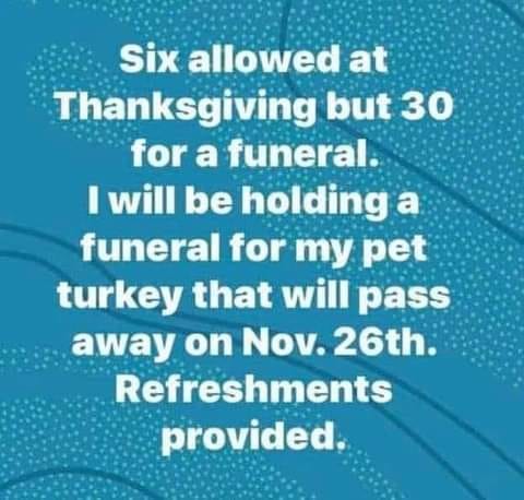online advertising - Six allowed at Thanksgiving but 30 for a funeral. I will be holding a funeral for my pet turkey that will pass away on Nov. 26th. Refreshments provided.