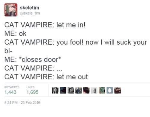 vampire memes - skeletim Cat Vampire let me in! Me ok Cat Vampire you fool! now I will suck your bl Me closes door Cat Vampire ... Cat Vampire let me out 1,443 1,695