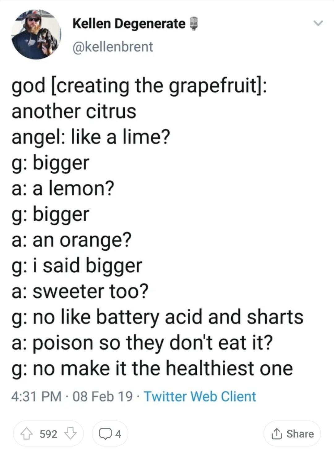 document - Kellen Degenerate god creating the grapefruit another citrus angel a lime? g bigger a a lemon? g bigger a an orange? g i said bigger a sweeter too? g no battery acid and sharts a poison so they don't eat it? g no make it the healthiest one 08 F