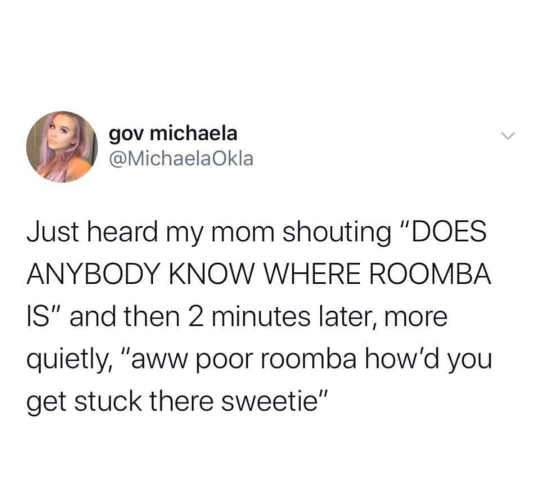 funny self deprecating memes - gov michaela Okla Just heard my mom shouting "Does Anybody Know Where Roomba Is" and then 2 minutes later, more quietly, "aww poor roomba how'd you get stuck there sweetie"
