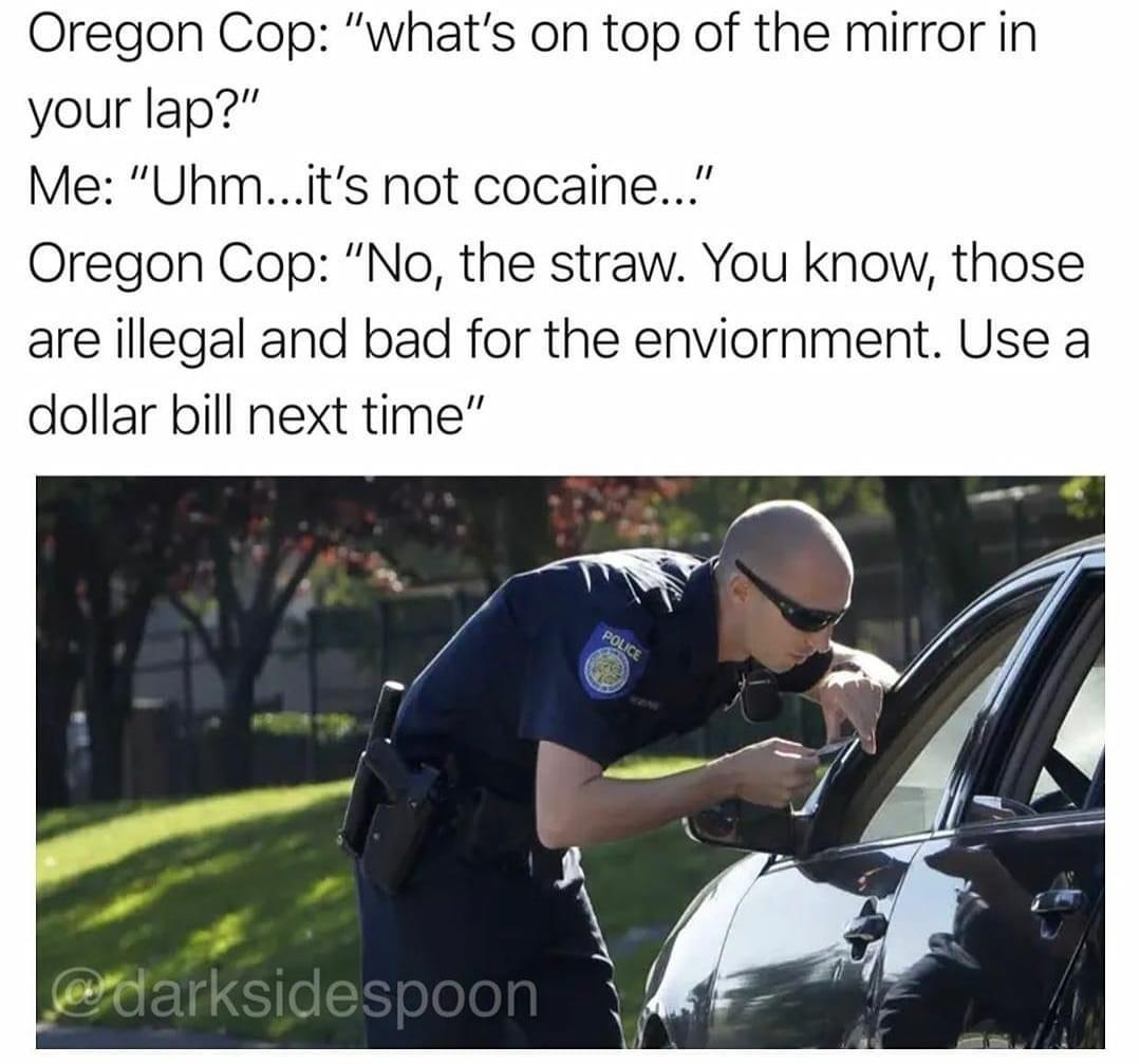 kevin spacey im gay meme - Oregon Cop "what's on top of the mirror in your lap?" Me "Uhm...it's not cocaine...'' Oregon Cop "No, the straw. You know, those are illegal and bad for the enviornment. Use a dollar bill next time" Police