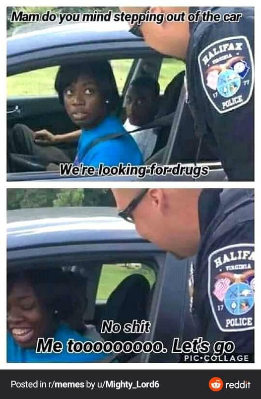 were looking for drugs meme - Mam do you mind stepping out of the car Tele Police Were looking for drugs Halif Rola 17 Police No shit Me tooo000000. Let's go Pic.Cllage Posted in rmemes by uMighty_Lord6 reddit