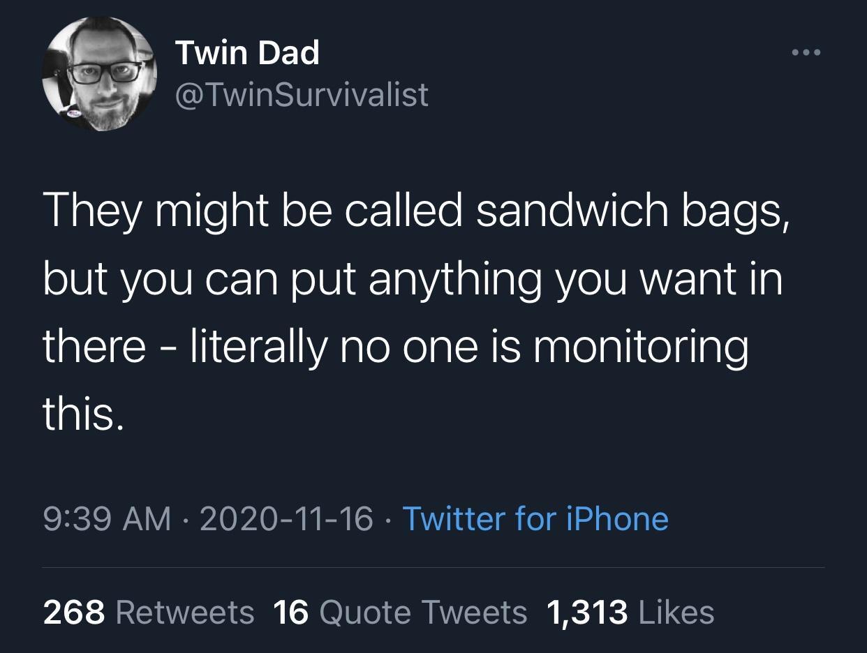 atmosphere - @ @ Twin Dad They might be called sandwich bags, but you can put anything you want in there literally no one is monitoring this. Twitter for iPhone 268 16 Quote Tweets 1,313