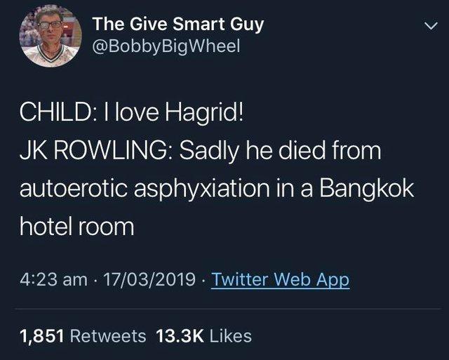 jk rowling funny - The Give Smart Guy Child I love Hagrid! Jk Rowling Sadly he died from autoerotic asphyxiation in a Bangkok hotel room 17032019 Twitter Web App 1,851