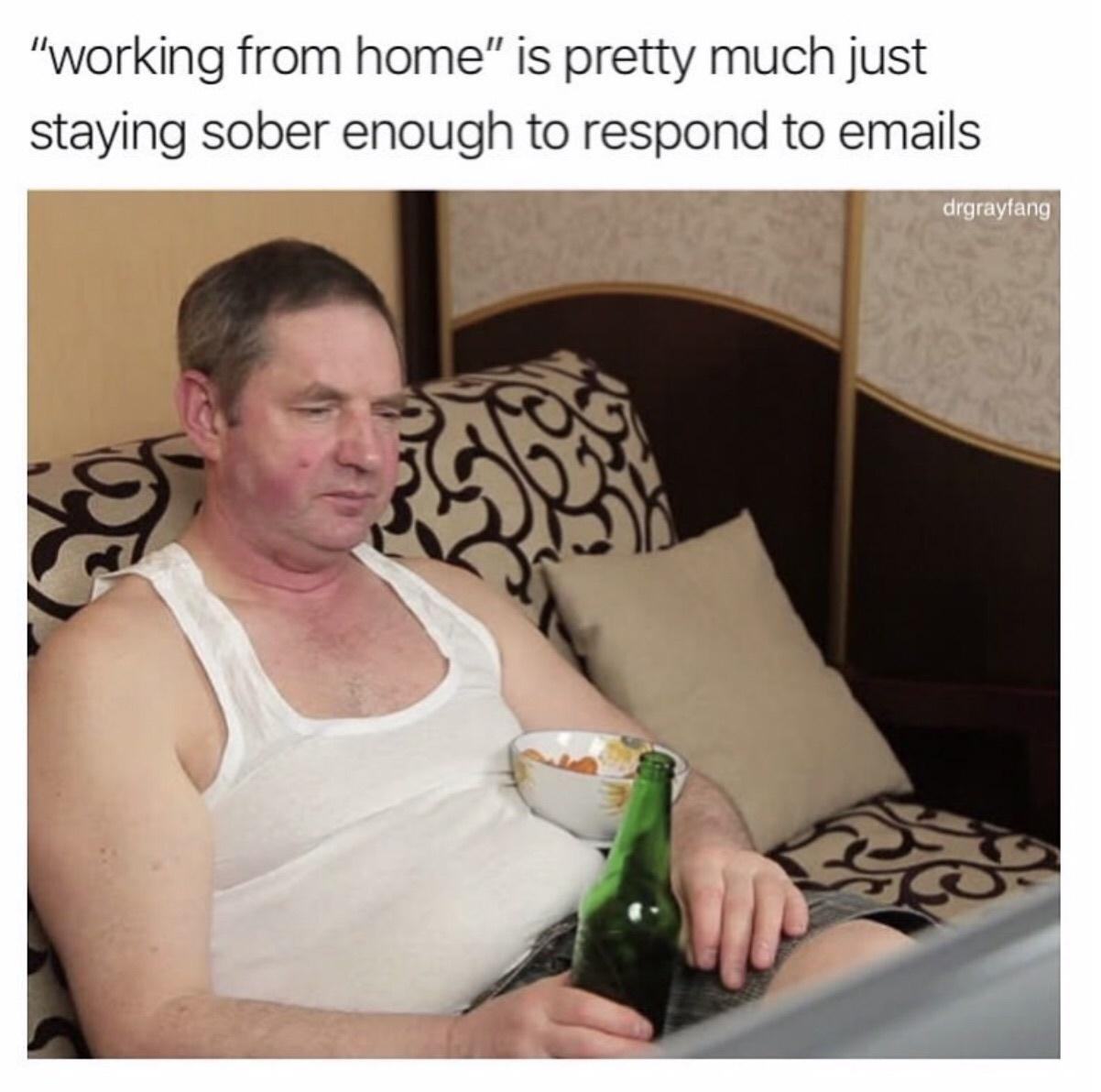 working from home sober meme - "working from home" is pretty much just staying sober enough to respond to emails drgrayfang