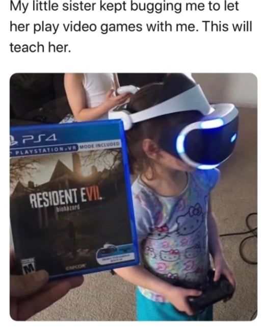 resident evil vr kid - My little sister kept bugging me to let her play video games with me. This will teach her. BPS4 Playstation Ve Mode Included Resident Evil biohazard M