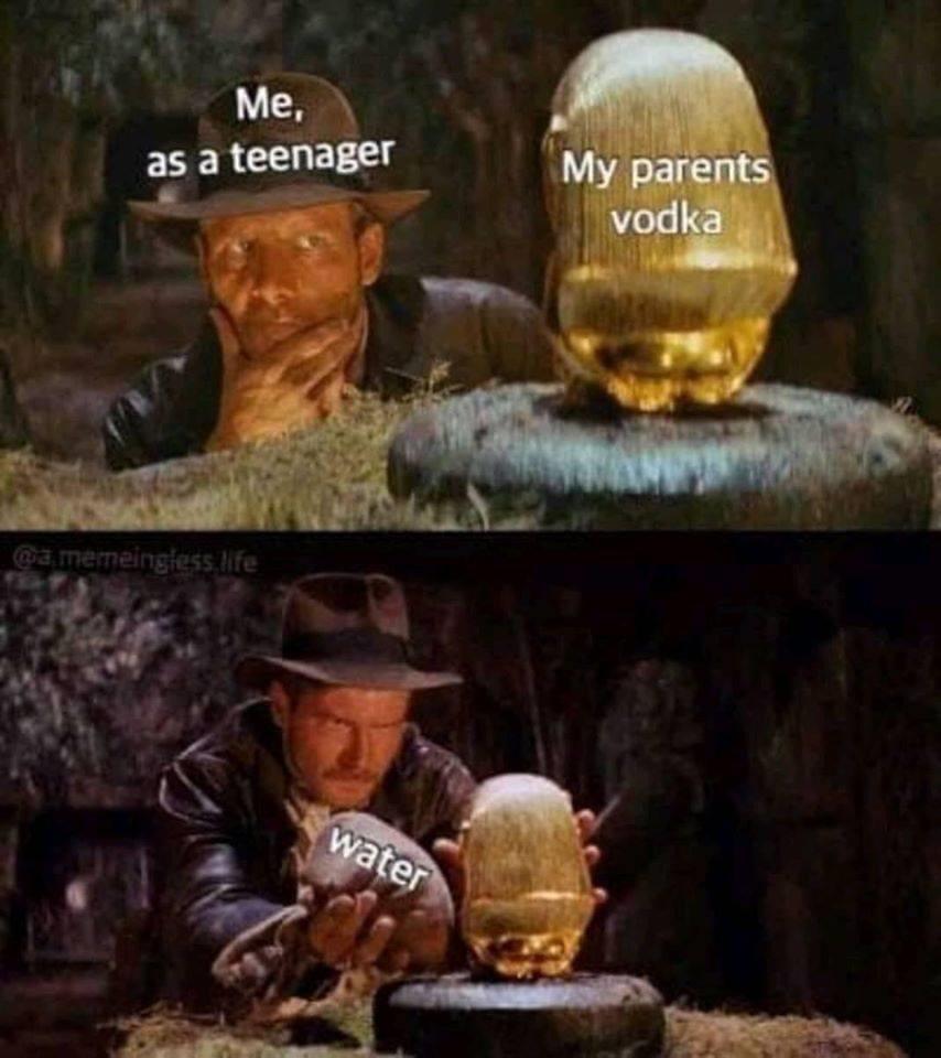 funny indiana jones memes - Me, as a teenager My parents vodka memeingless life water
