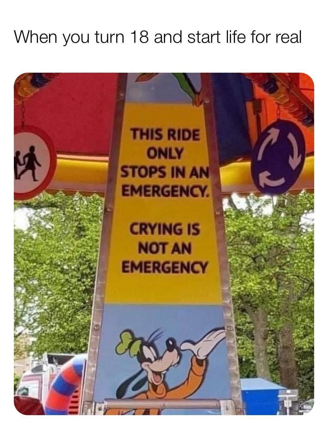 blursed signs - When you turn 18 and start life for real This Ride Only Stops In An Emergency 2 Crying Is Not An Emergency