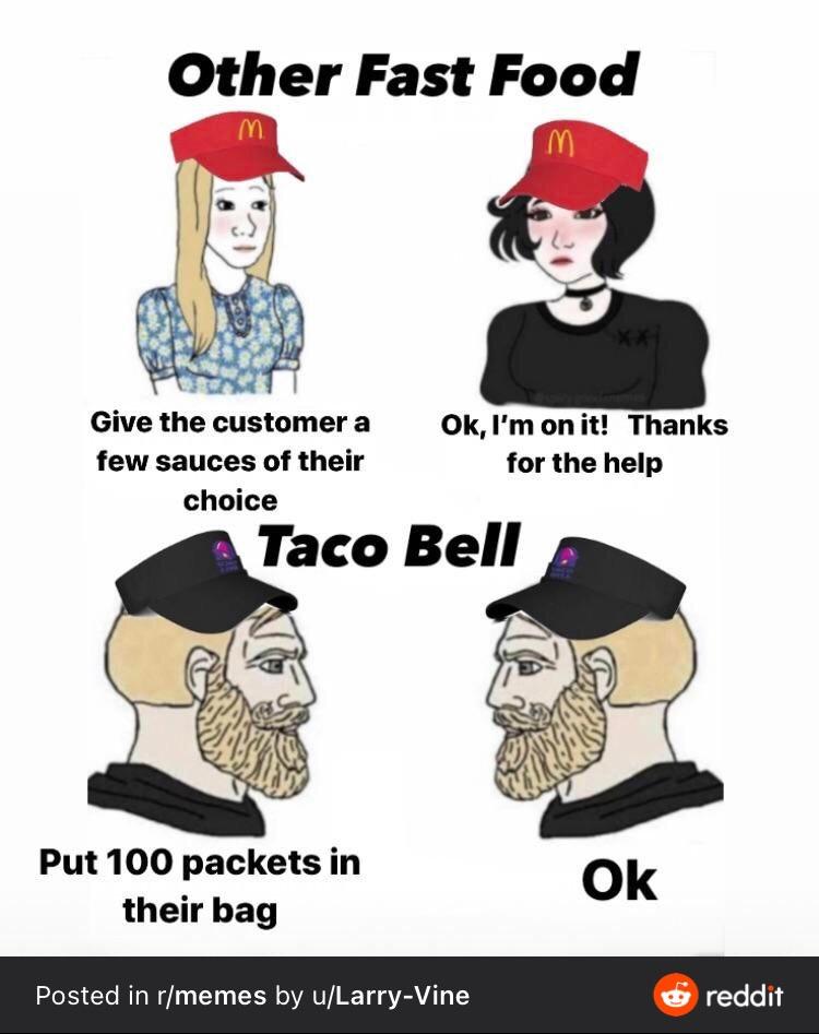 girl boring boy wacky - Other Fast Food M m Give the customer a few sauces of their choice Ok, I'm on it! Thanks for the help Taco Bell Put 100 packets in their bag Ok Posted in rmemes by uLarryVine reddit