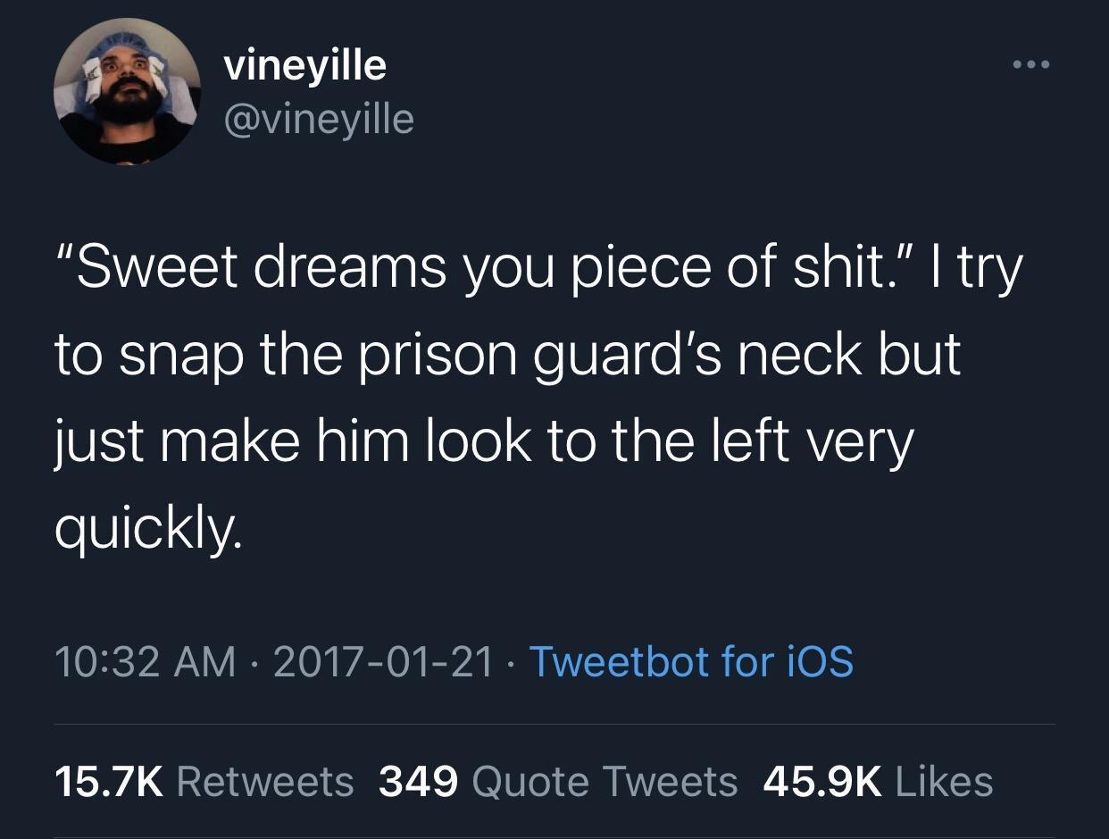 true intellectual - @ @ @ vineyille "Sweet dreams you piece of shit." I try to snap the prison guard's neck but just make him look to the left very quickly. Tweetbot for iOS 349 Quote Tweets