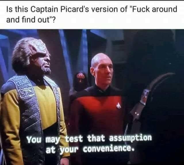 picard you may test that assumption - Is this Captain Picard's version of "Fuck around and find out"? You may test that assumption at your convenience.