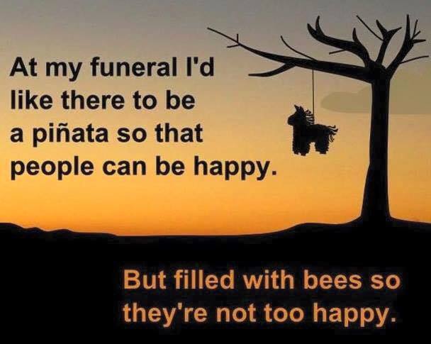 have fun but not too much fun - At my funeral I'd there to be a piata so that people can be happy. But filled with bees so they're not too happy.