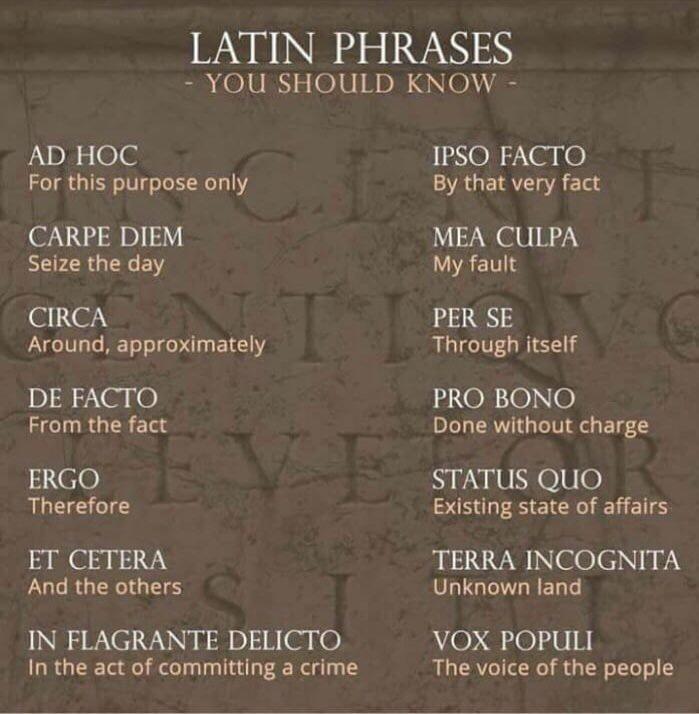 latin expressions - Latin Phrases You Should Know Ad Hoc For this purpose only Ipso Facto By that very fact Carpe Diem Seize the day Mea Culpa My fault Circa Around, approximately Per Se Through itself De Facto From the fact Pro Bono Done without charge E