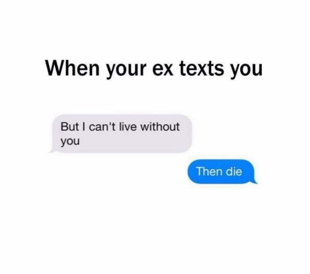 angle - When your ex texts you But I can't live without you Then die.